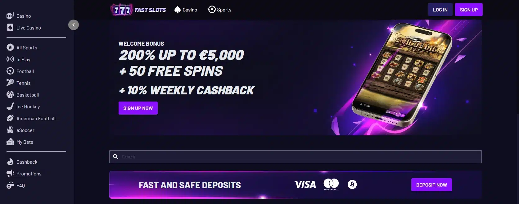 Fast Slots homepage showing their welcome bonus and fast deposits