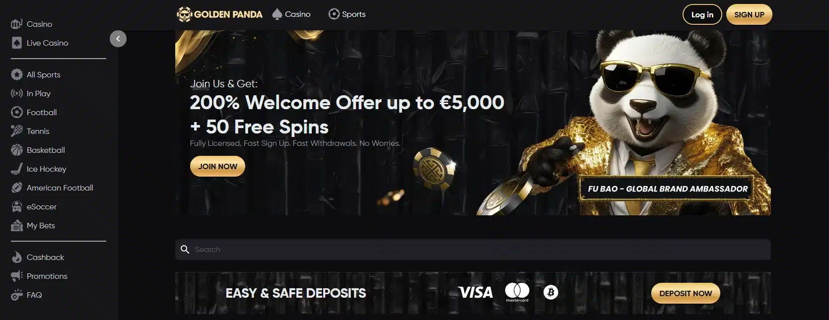 Golden Panda frontpage with a game menu and a banner showing their welcome bonus